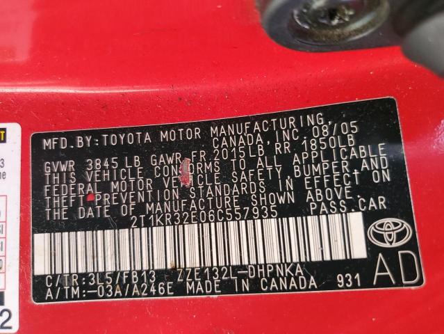 2T1KR32E06C557935 - 2006 TOYOTA COROLLA MA XR RED photo 13