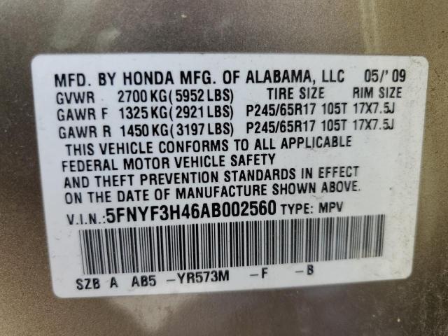 5FNYF3H46AB002560 - 2010 HONDA PILOT EX TAN photo 13