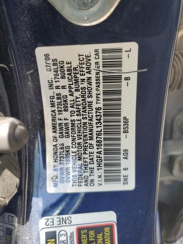 1HGFA16876L134376 - 2006 HONDA CIVIC EX ლურჯი ფოტო 12