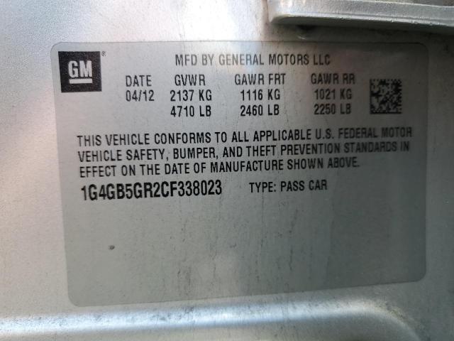 1G4GB5GR2CF338023 - 2012 BUICK LACROSSE CONVENIENCE SILVER photo 12