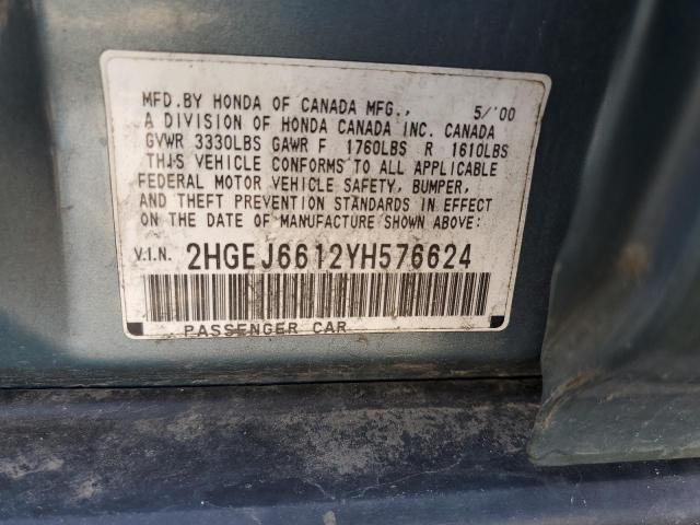 2HGEJ6612YH576624 - 2000 HONDA CIVIC BASE 蓝色 照片 10