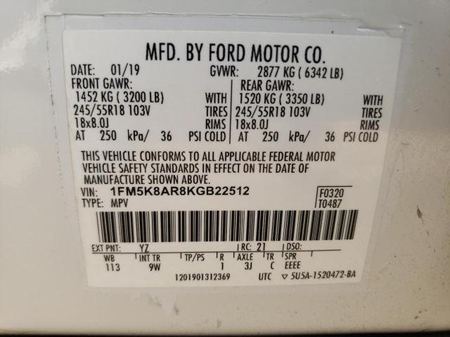 1FM5K8AR8KGB22512 - 2019 FORD EXPLORER POLICE INTERCEPTOR WHITE photo 12