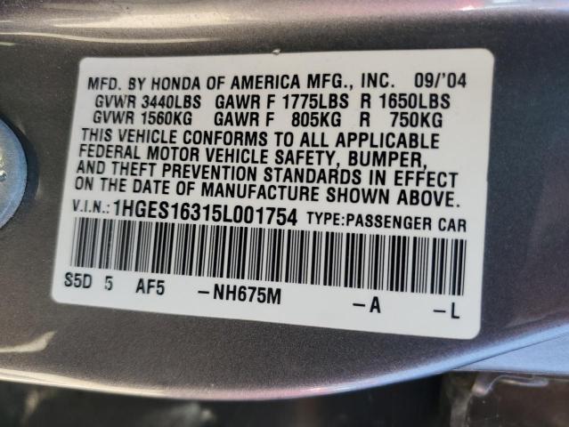 1HGES16315L001754 - 2005 HONDA CIVIC DX VP Boz foto 12