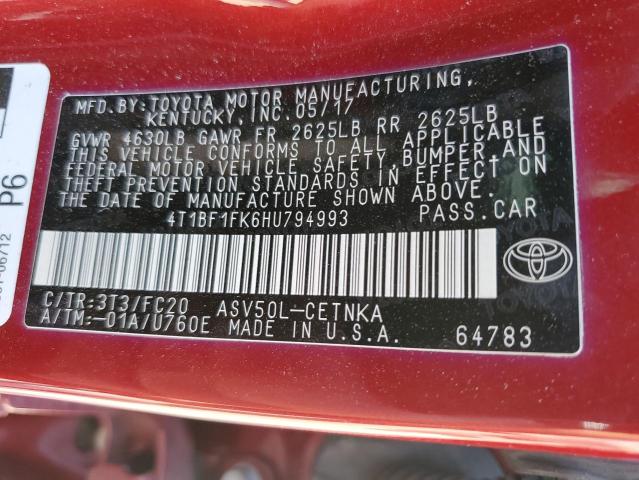 4T1BF1FK6HU794993 - 2017 TOYOTA CAMRY LE BURGUNDY photo 13