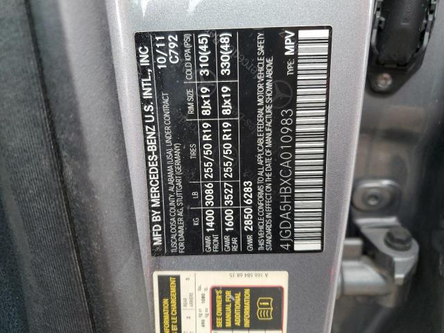 4JGDA5HBXCA010983 - 2012 MERCEDES-BENZ ML 350 4MATIC SILVER photo 12