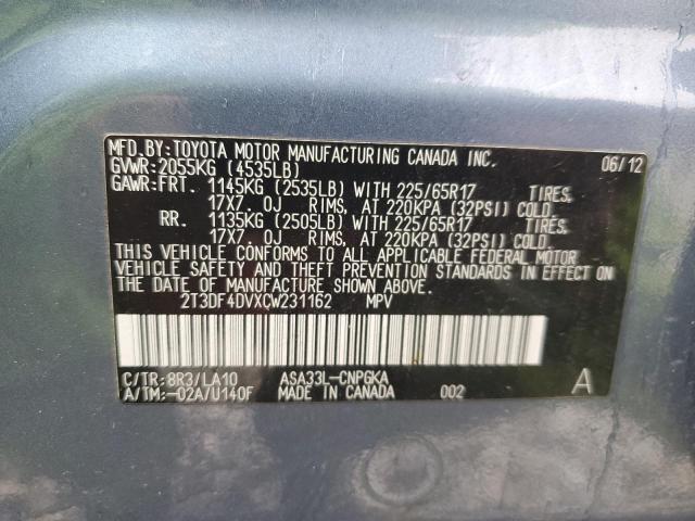 2T3DF4DVXCW231162 - 2012 TOYOTA RAV4 LIMITED Mavi foto 13