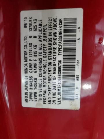 JHMZF1D66BS005736 - 2011 HONDA CR-Z EX RED photo 12