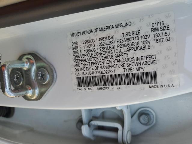 5J8TB4H72GL022821 - 2016 ACURA RDX ADVANCE WHITE photo 12