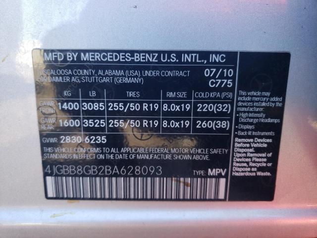 4JGBB8GB2BA628093 - 2011 MERCEDES-BENZ ML 350 4MATIC SILVER photo 10