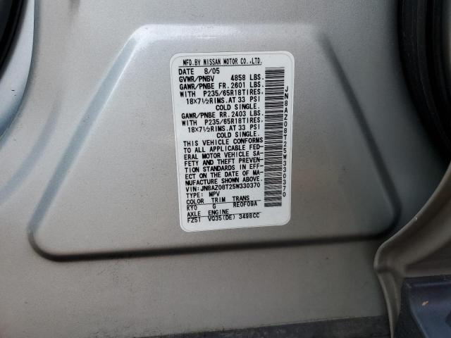 JN8AZ08T25W330370 - 2005 NISSAN MURANO SL SILVER photo 10