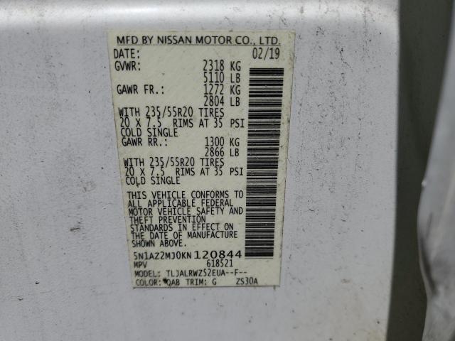 5N1AZ2MJ0KN120844 - 2019 NISSAN MURANO S WHITE photo 14