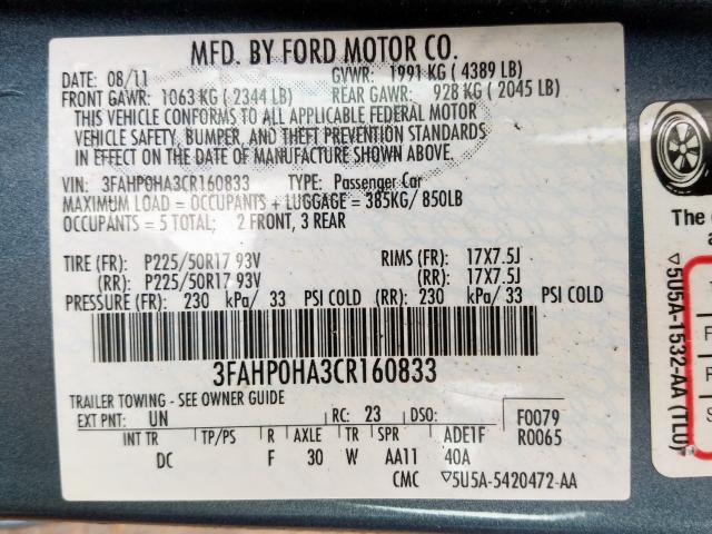 3FAHP0HA3CR160833 - 2012 FORD FUSION SE  photo 10