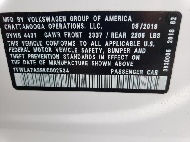 1VWLA7A39KC002534 - 2019 VOLKSWAGEN PASSAT WOLFSBURG WHITE photo 12