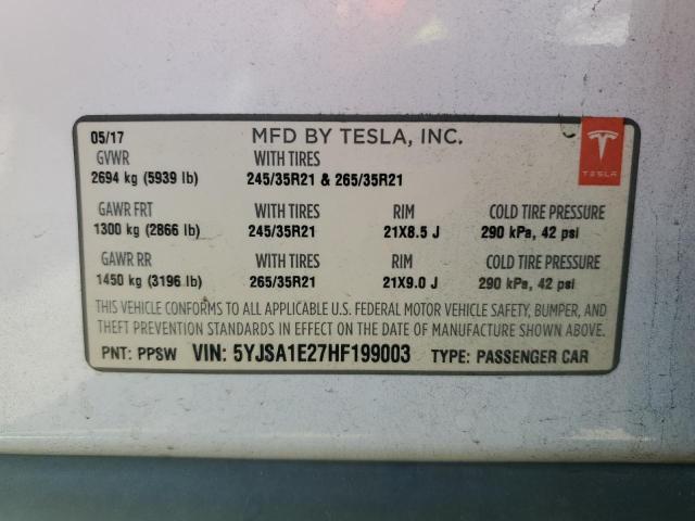5YJSA1E27HF199003 - 2017 TESLA MODEL S WHITE photo 13