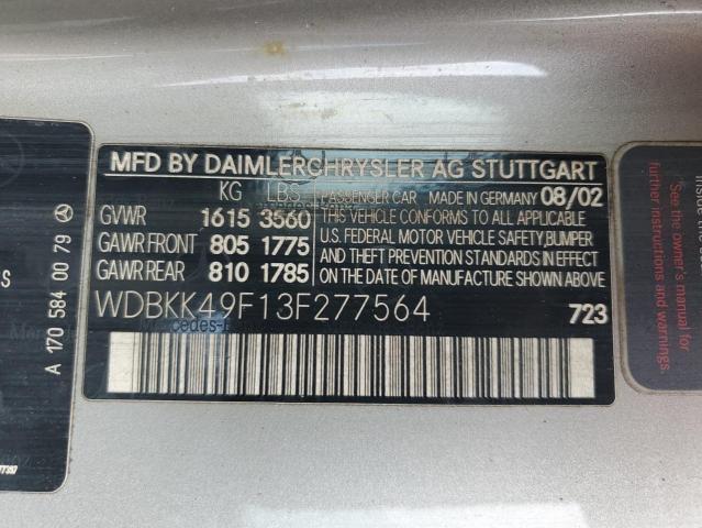 WDBKK49F13F277564 - 2003 MERCEDES-BENZ SLK 230 KOMPRESSOR GRAY photo 13