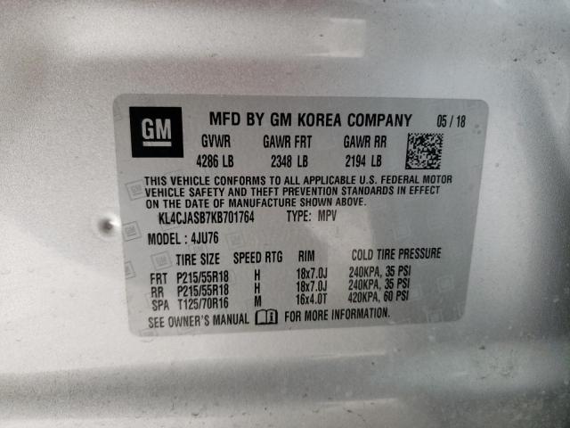 KL4CJASB7KB701764 - 2019 BUICK ENCORE PREFERRED Күміс фото 10