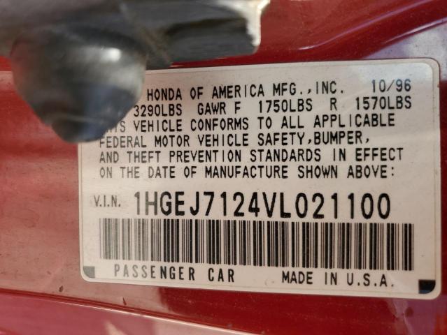 1HGEJ7124VL021100 - 1997 HONDA CIVIC HX RED photo 12