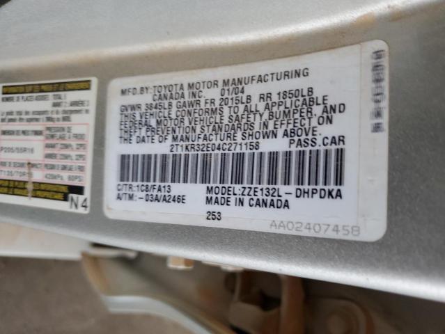 2T1KR32E04C271158 - 2004 TOYOTA COROLLA MA XR SILVER photo 12