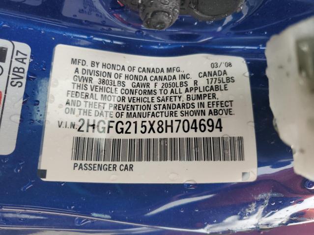 2HGFG215X8H704694 - 2008 HONDA CIVIC SI BLUE photo 12