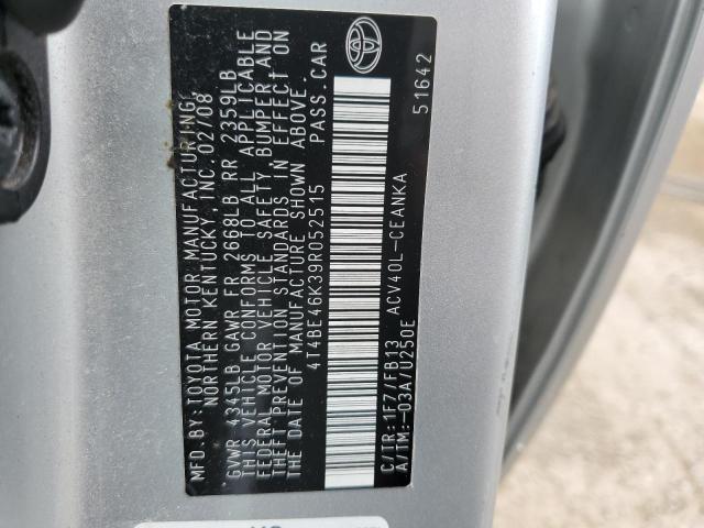 4T4BE46K39R052515 - 2009 TOYOTA CAMRY BASE SILVER photo 12