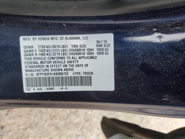 5FPYK3F61KB006752 - 2019 HONDA RIDGELINE RTL BLUE photo 12