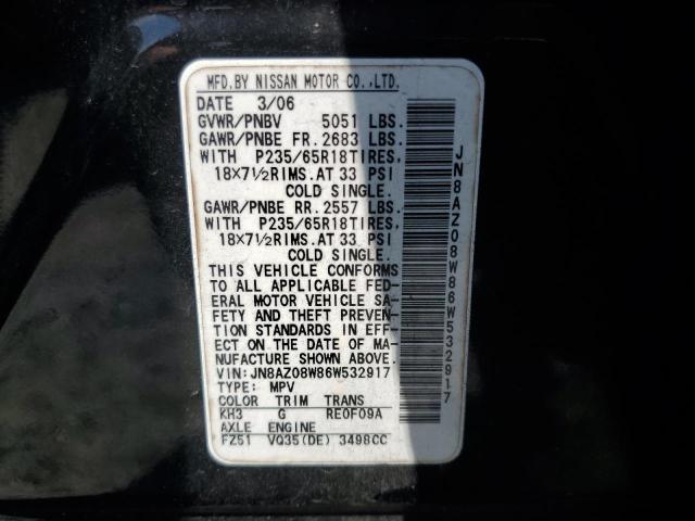 JN8AZ08W86W532917 - 2006 NISSAN MURANO SL BLACK photo 12