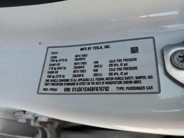 5YJ3E1EA6SF876792 - 2025 TESLA MODEL 3 WHITE photo 12