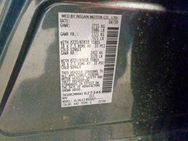 5N1DR2MM6KC627346 - 2019 NISSAN PATHFINDER S  photo 10