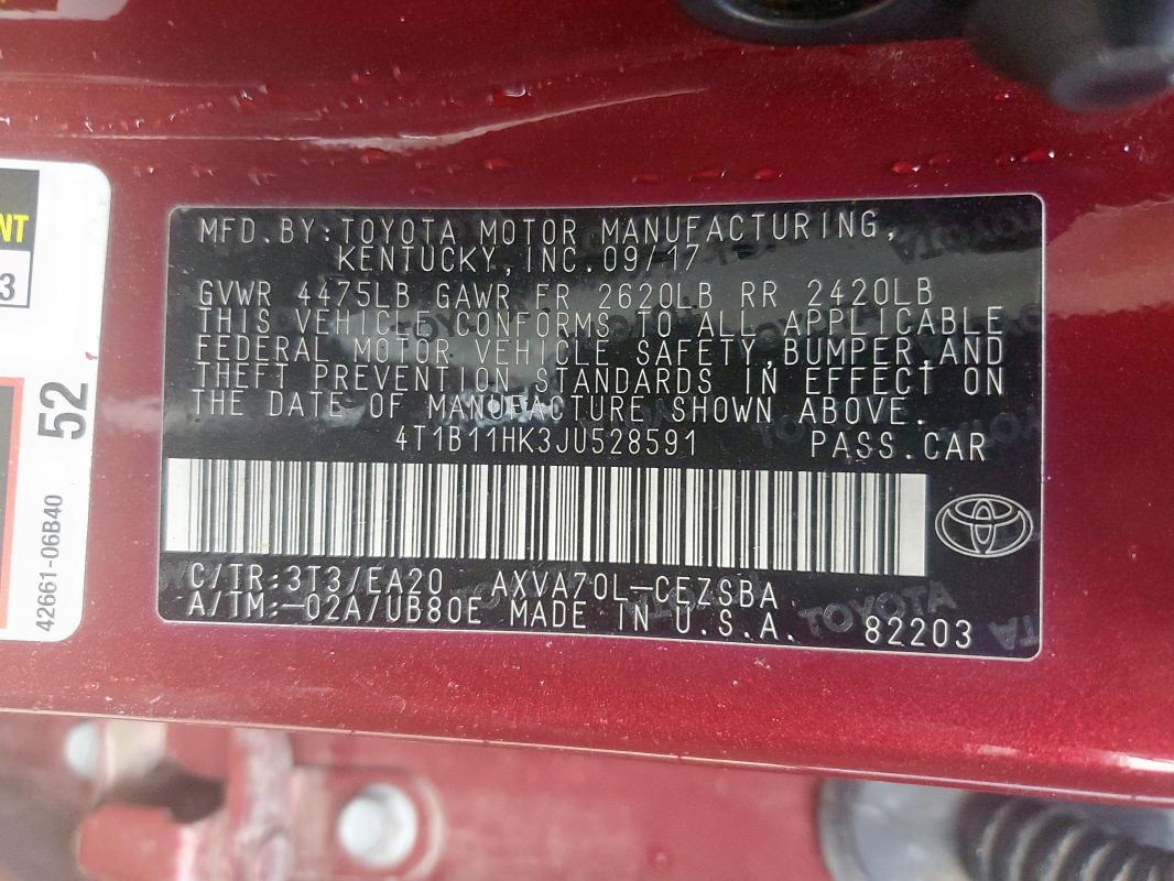 4T1B11HK3JU528591 - 2018 TOYOTA CAMRY L MAROON photo 12