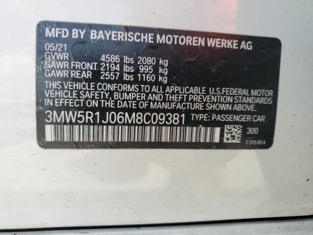 3MW5R1J06M8C09381 - 2021 BMW 330I WHITE photo 13