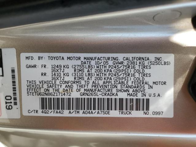 5TETU62N86Z171472 - 2006 TOYOTA TACOMA PRERUNNER ACCESS CAB TAN photo 12
