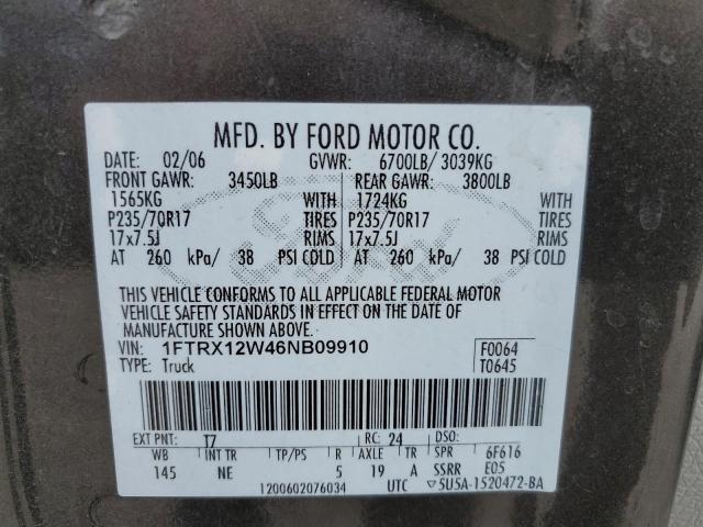 1FTRX12W46NB09910 - 2006 FORD F150 CHARCOAL photo 12