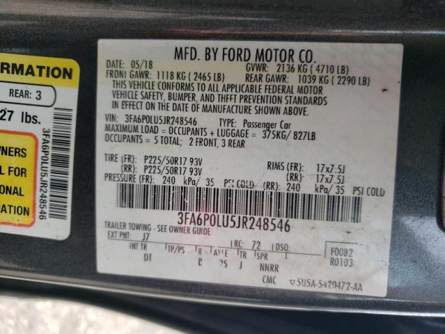 3FA6P0LU5JR248546 - 2018 FORD FUSION SE HYBRID CHARCOAL photo 12