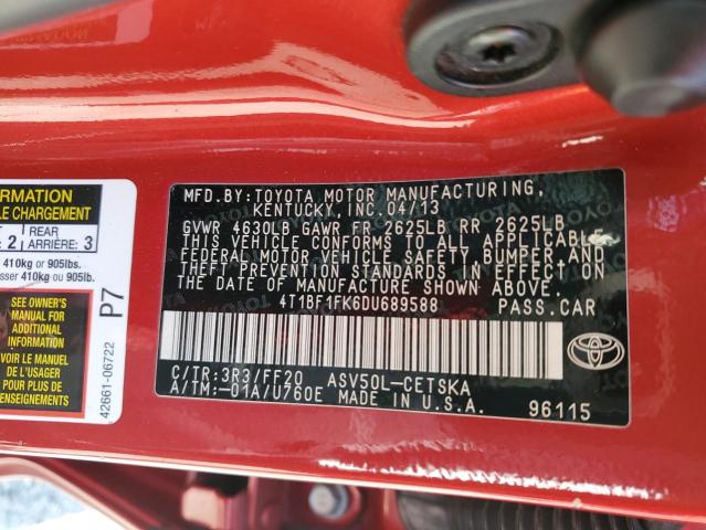 4T1BF1FK6DU689588 - 2013 TOYOTA CAMRY L RED photo 13