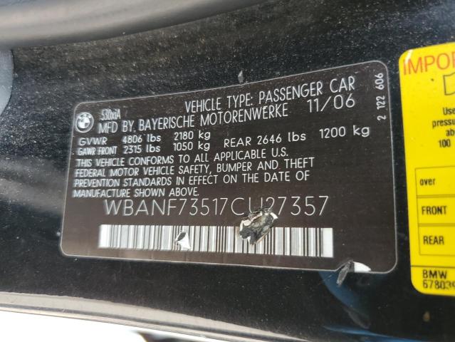 WBANF73517CU27357 - 2007 BMW 5 SERIES XI BLACK photo 12
