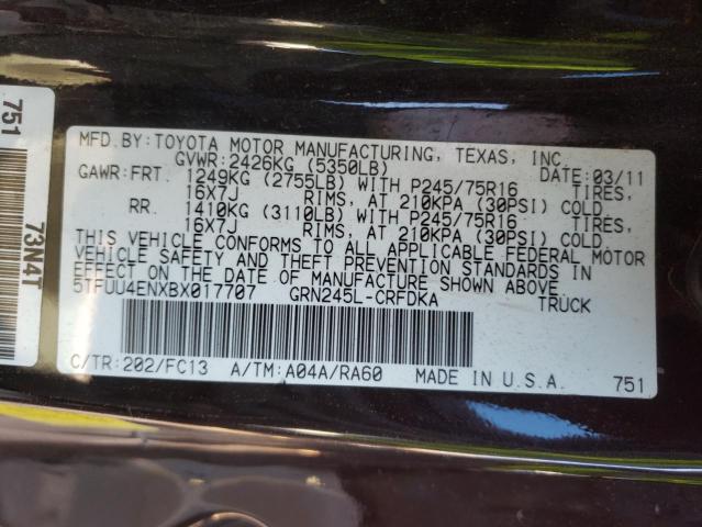 5TFUU4ENXBX017707 - 2011 TOYOTA TACOMA ACCESS CAB შავი ფოტო 10