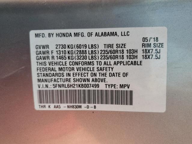 5FNRL6H21KB007499 - 2019 HONDA ODYSSEY LX SILVER photo 13