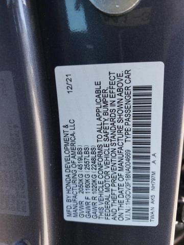 1HGCV3F18NA004669 - 2022 HONDA ACCORD HYBRID GRAY photo 12