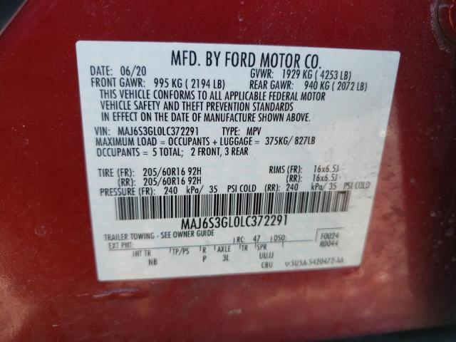 MAJ6S3GL0LC372291 - 2020 FORD ECOSPORT SE RED photo 13