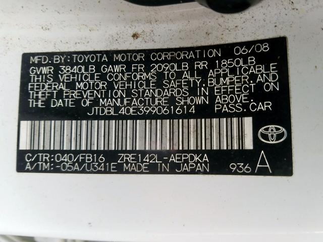 JTDBL40E399061614 - 2009 TOYOTA COROLLA BASE  صورة 10