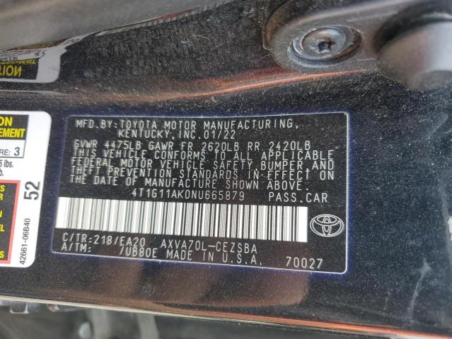 4T1G11AK0NU665879 - 2022 TOYOTA CAMRY SE შავი ფოტო 12