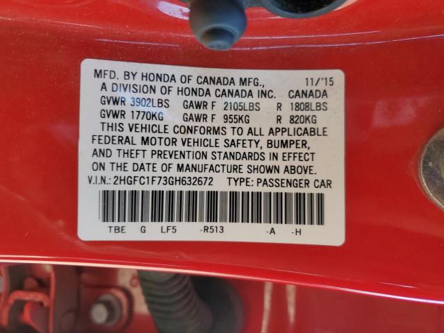 2HGFC1F73GH632672 - 2016 HONDA CIVIC EXL RED photo 12