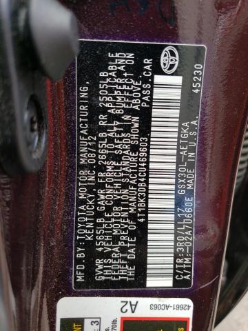 4T1BK3DB4CU469603 - 2012 TOYOTA AVALON BASE 紫色 照片 12