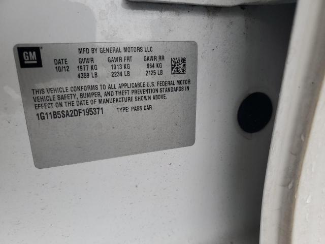 1G11B5SA2DF195371 - 2013 CHEVROLET MALIBU LS თეთრი ფოტო 12