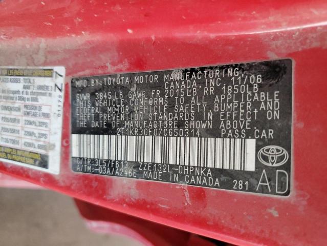 2T1KR30E07C650314 - 2007 TOYOTA COROLLA MA XR RED photo 12