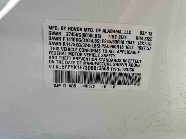 5FPYK1F73DB013668 - 2013 HONDA RIDGELINE SPORT WHITE photo 12