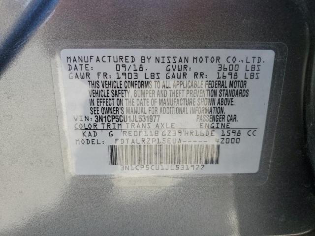 3N1CP5CU1JL531977 - 2018 NISSAN KICKS S GRAY photo 13