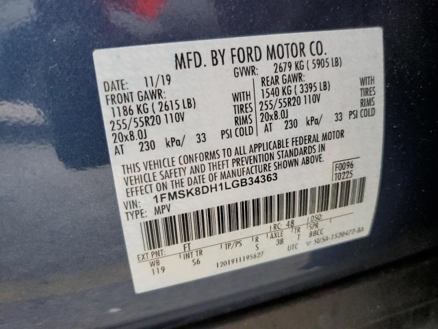 1FMSK8DH1LGB34363 - 2020 FORD EXPLORER XLT BLUE photo 13