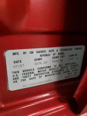 KL1TD66638B055615 - 2008 CHEVROLET AVEO BASE RED photo 12