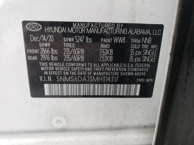 5NMS6DAJ3MH314317 - 2021 HYUNDAI SANTA FE SEL WHITE photo 12